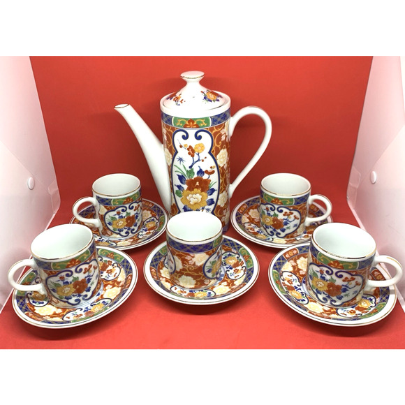 Japanese Tea Set Nishiki Ko-Imari Teapot 5-Cups and Saucers Ceramic - Picture 1 of 15